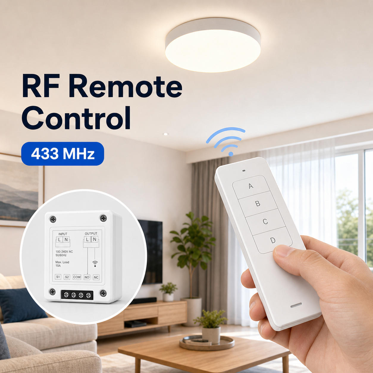 RF remote control for ceiling light with relay module