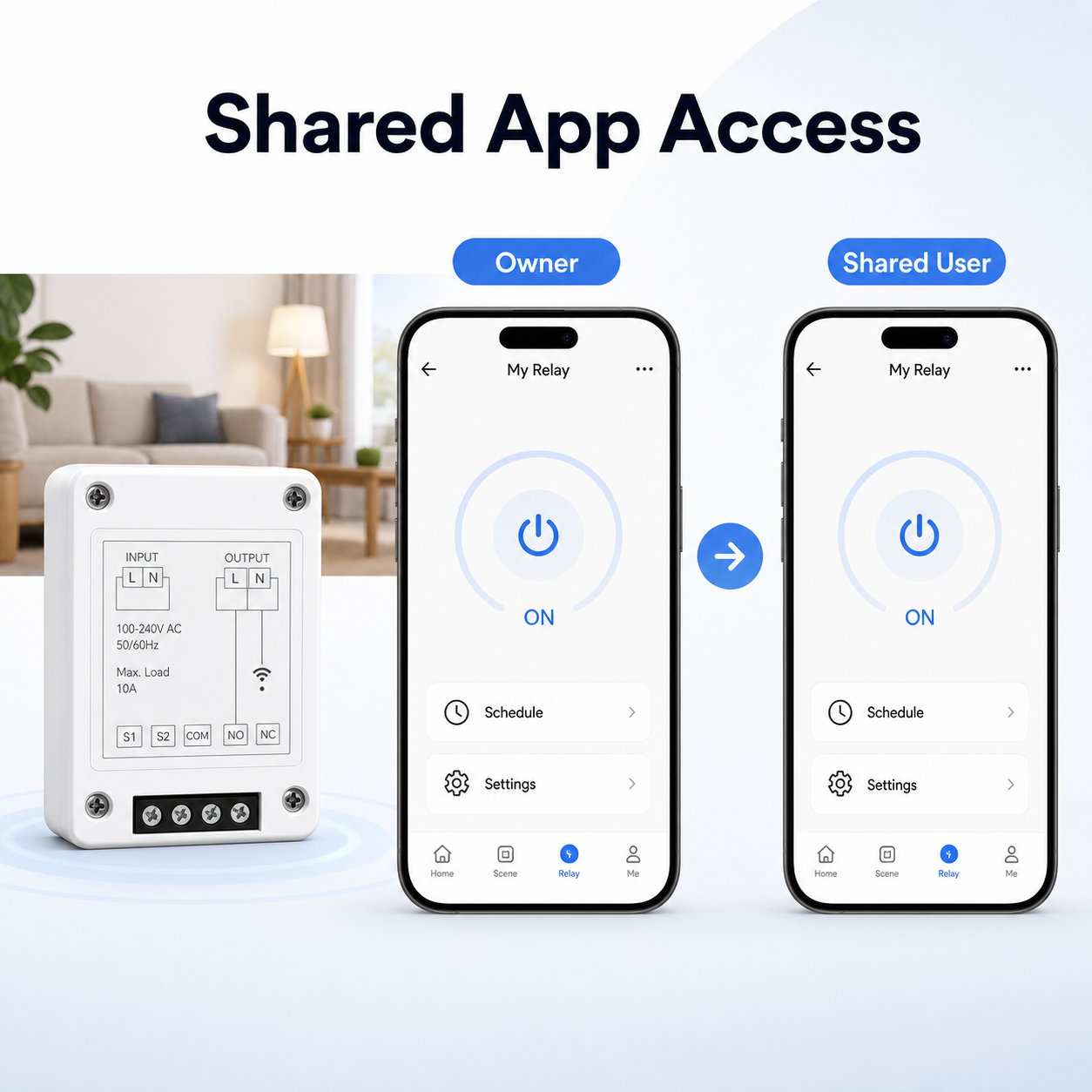 Shared app access UI for Wi-Fi RF relay module