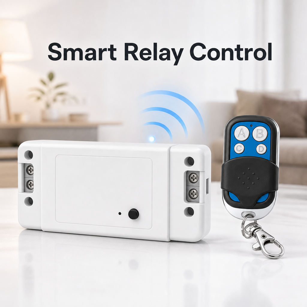 Premium hero image of smart relay module with RF remote