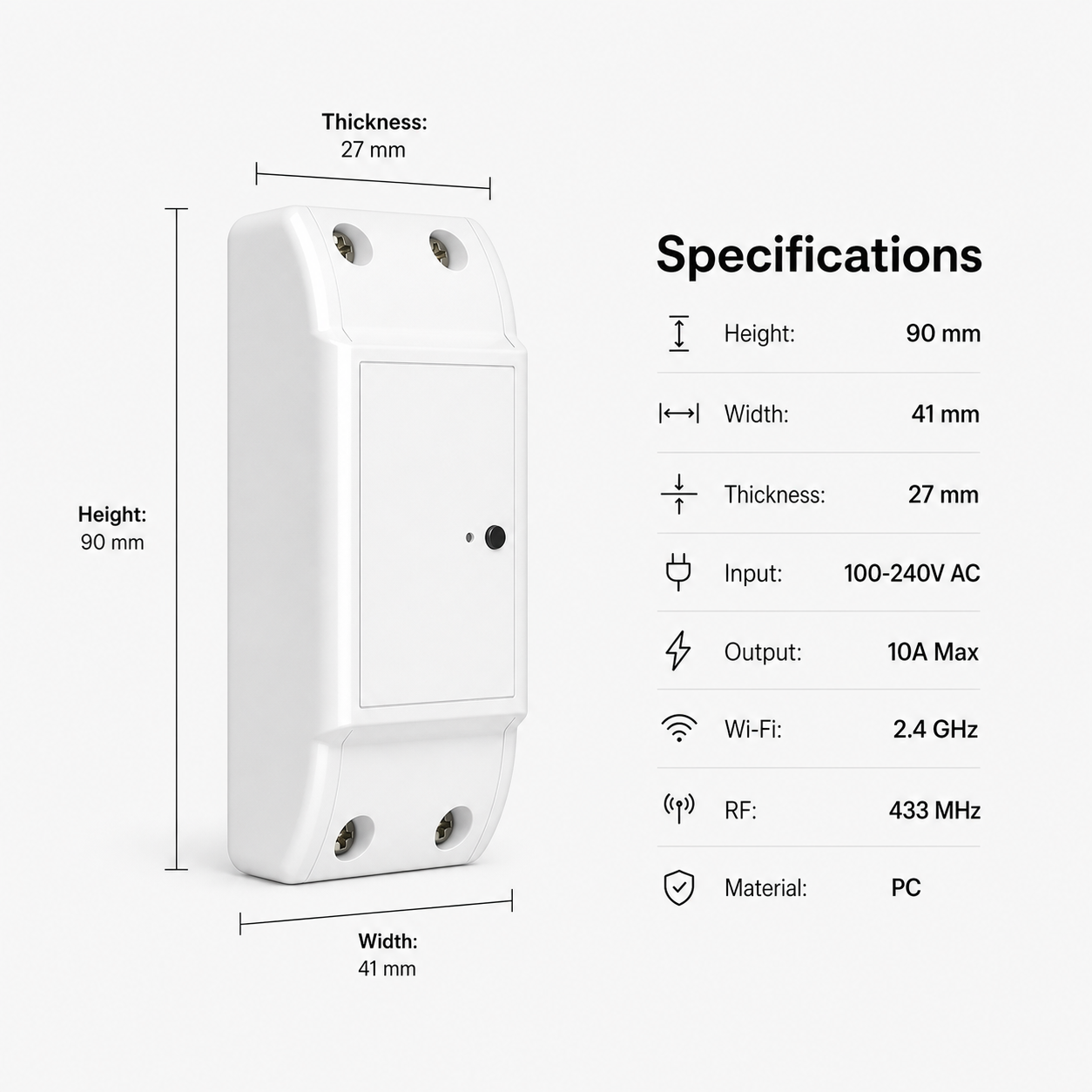 Specifications and dimensions for Wi-Fi RF relay module