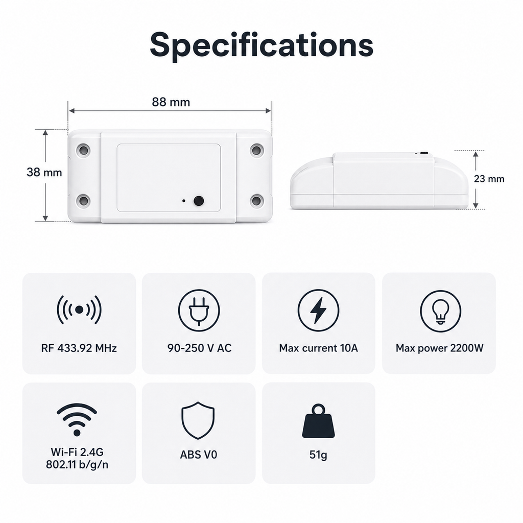 Specifications and dimensions of RF R2 Wi-Fi relay module