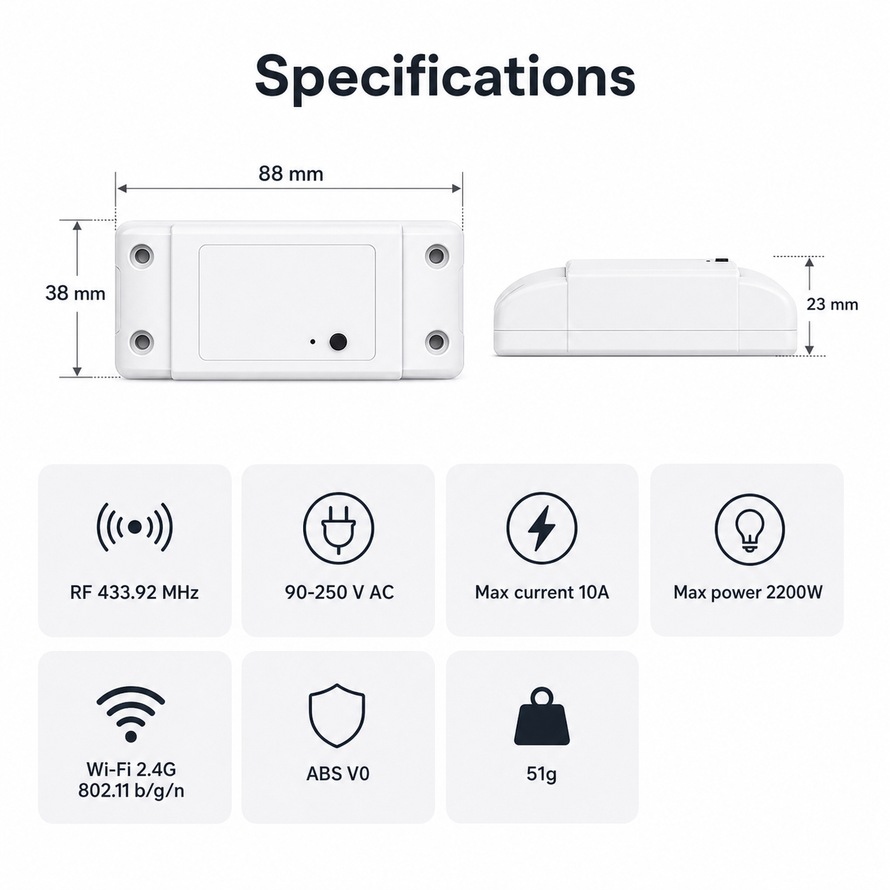 Specifications and dimensions of RF R2 Wi-Fi relay module