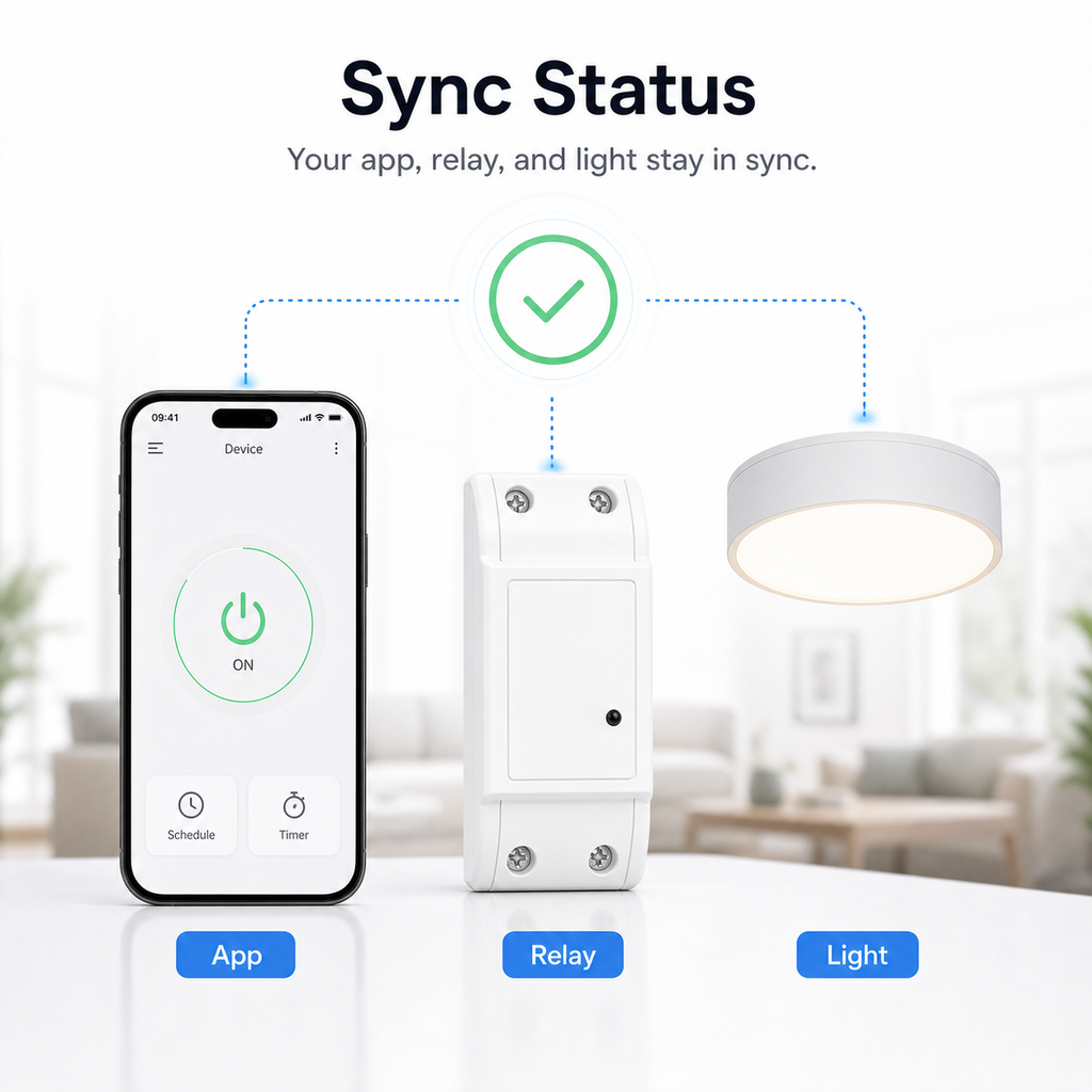 App relay and light sync status for smart relay module