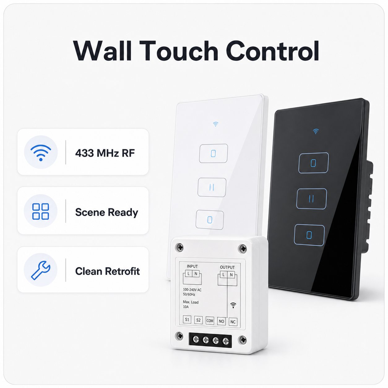Wall touch control option with 433 MHz RF and relay module