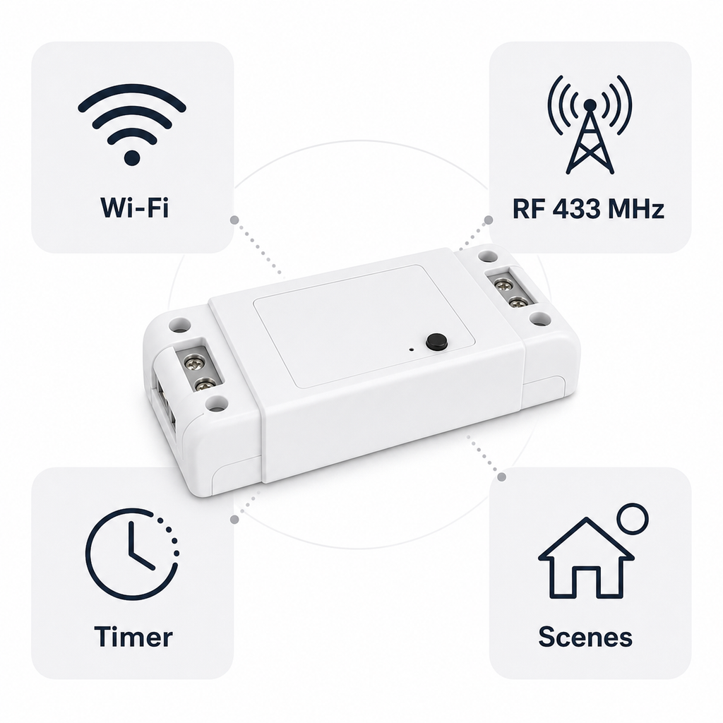 Wi-Fi RF timer and scene features for relay module