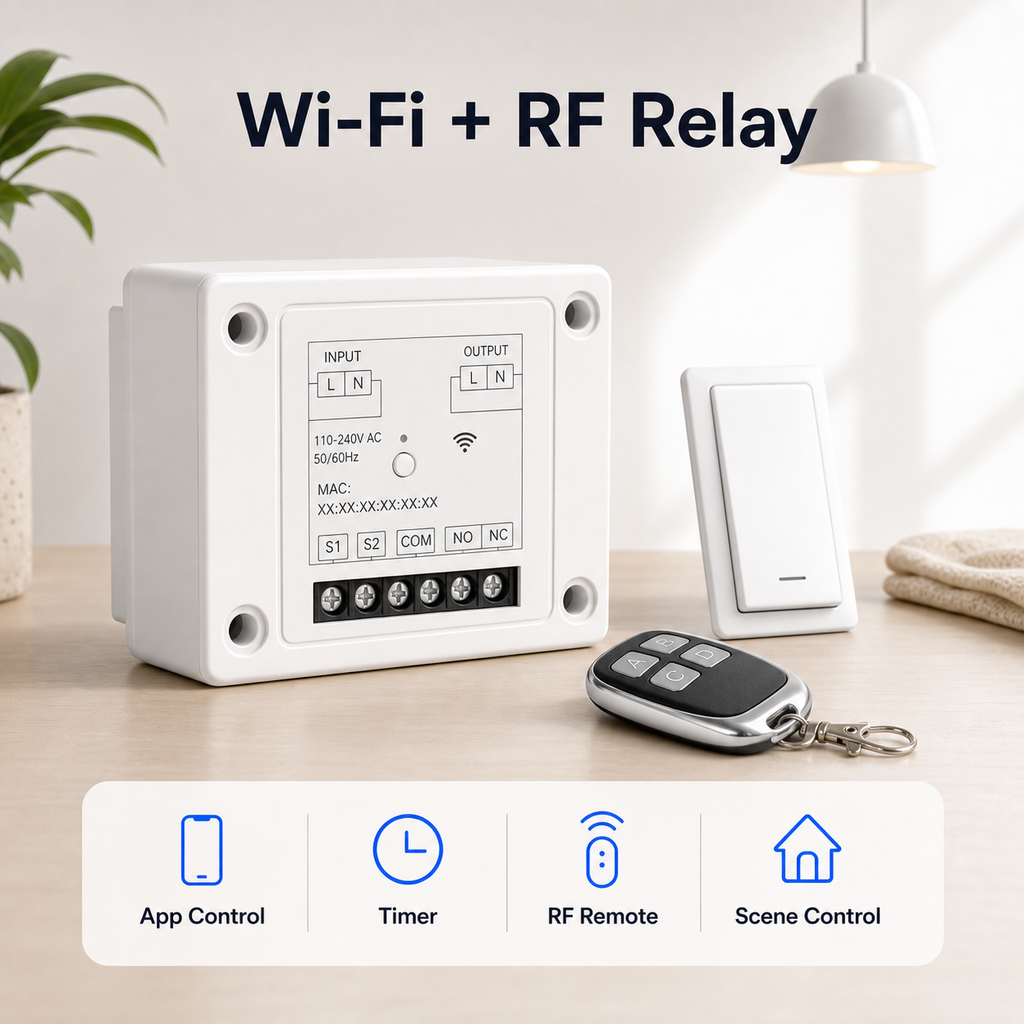 Wi-Fi and RF relay module hero image with remote accessories