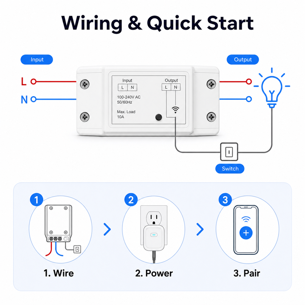 Wiring and quick start diagram for Wi-Fi RF relay module
