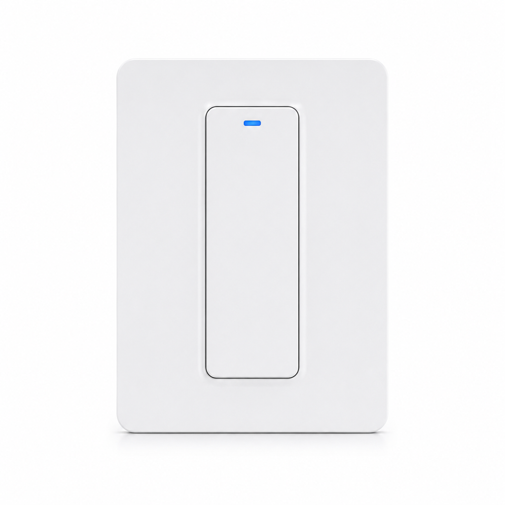 Studio packshot of one-gang white Zigbee smart wall switch