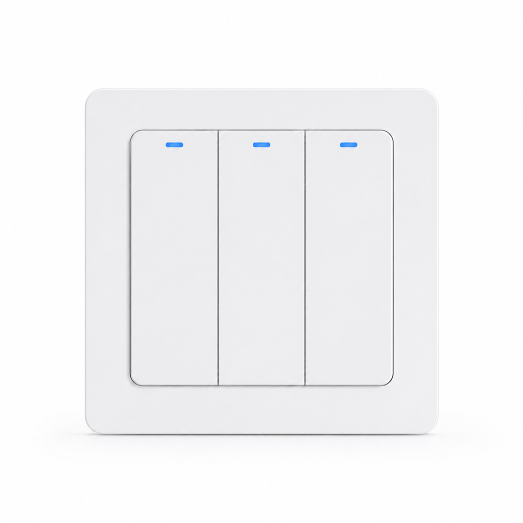 Studio packshot of three-gang white Zigbee smart wall switch