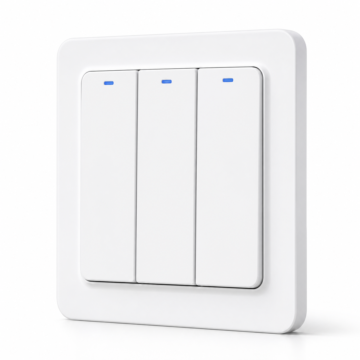Studio packshot of white 3-gang Zigbee hybrid smart wall switch