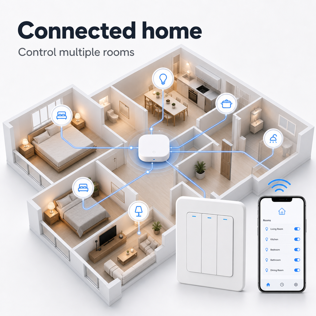 Connected home room control graphic with Zigbee smart switch