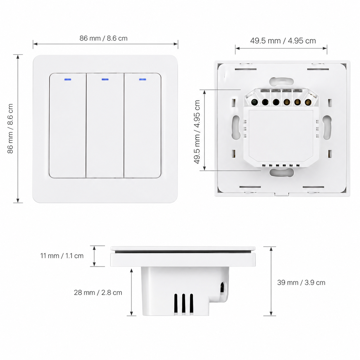 NéoRelay Switch Comfort, schéma des dimensions de l'interrupteur ZigBee hybride 3 boutons avec module arrière.
