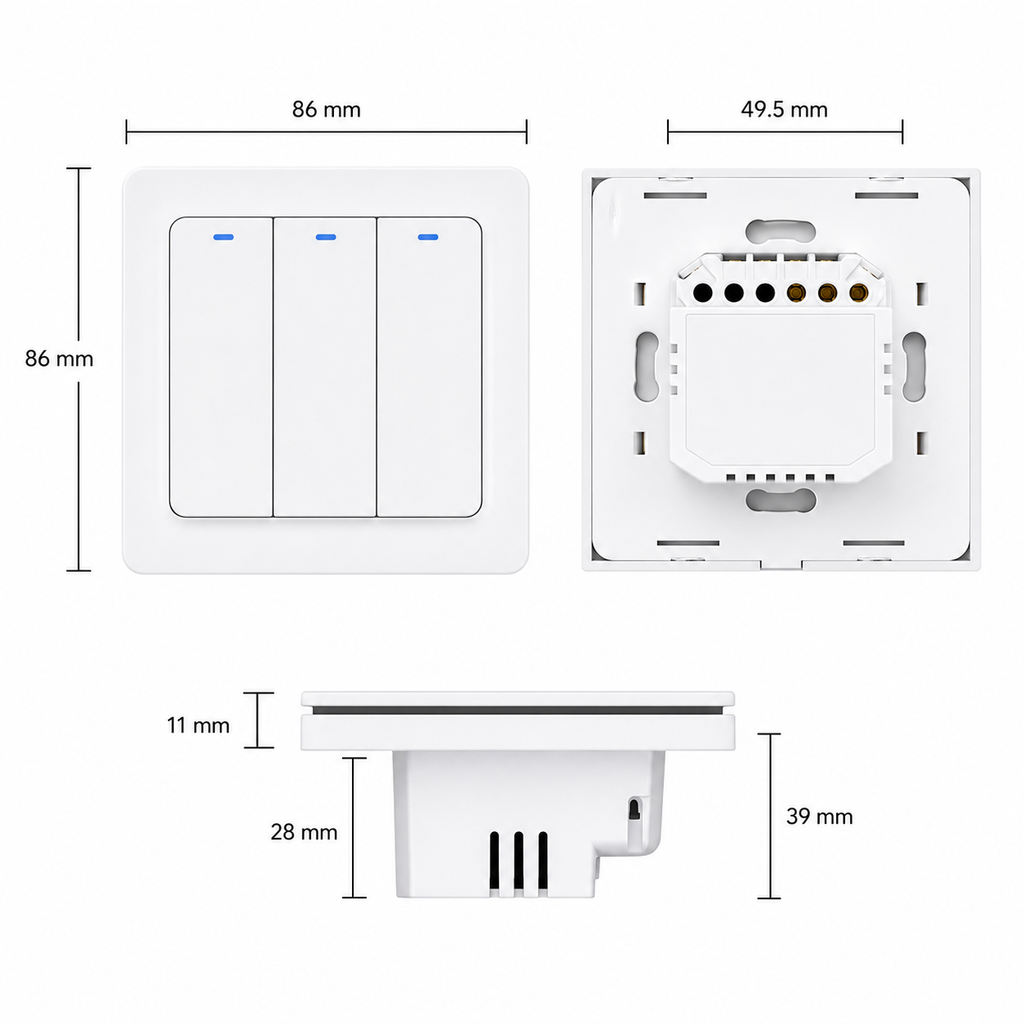 Technical dimensions diagram of three-gang Zigbee smart switch