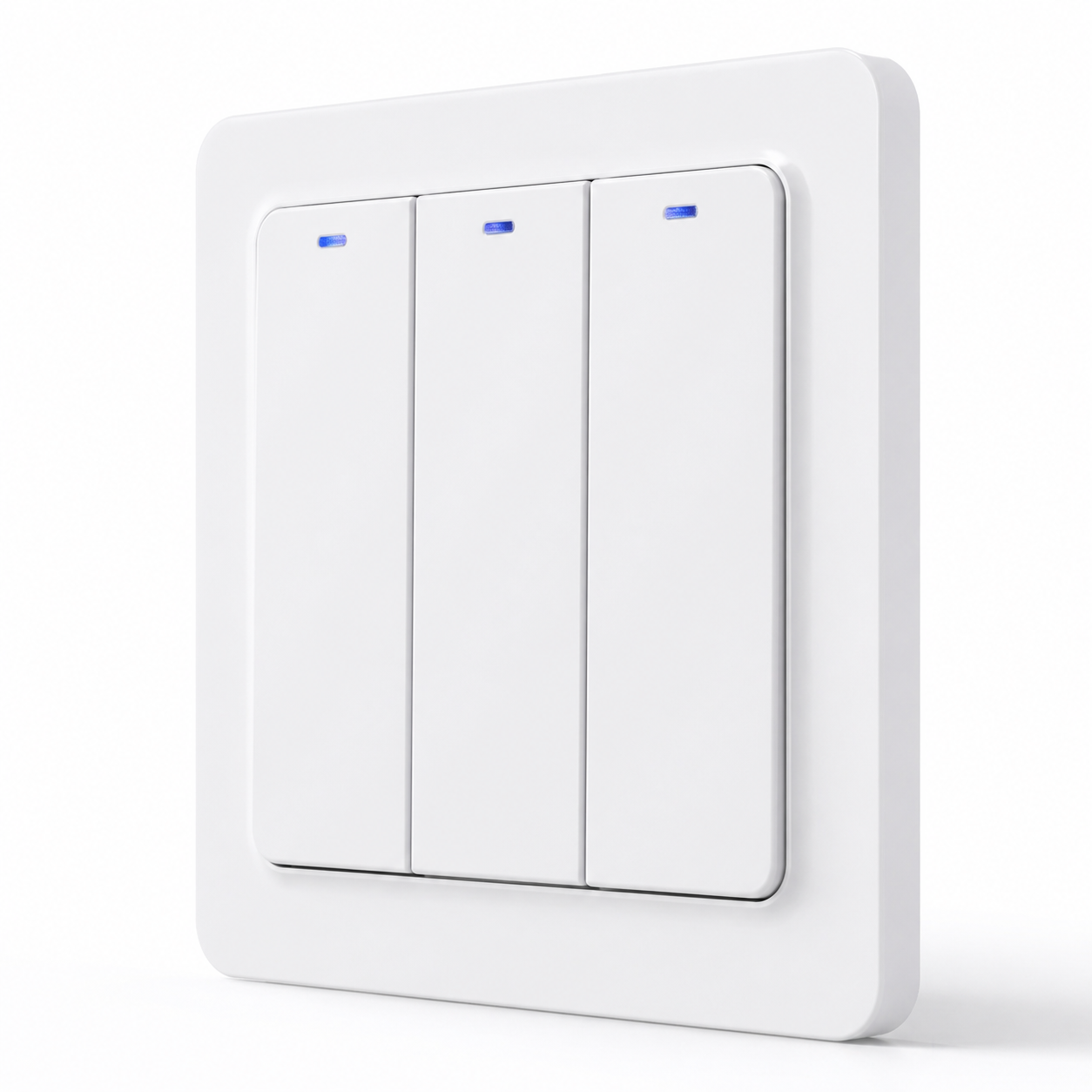 NéoRelay Switch Comfort, interrupteur ZigBee hybride blanc avec trois boutons tactiles et voyants bleus.