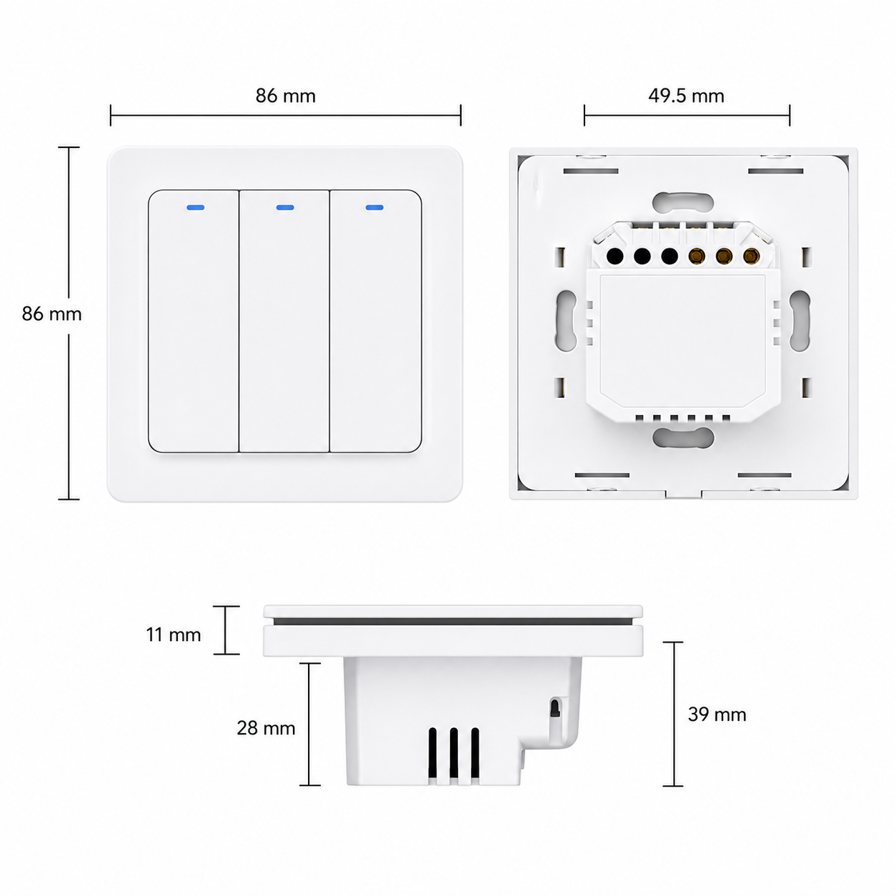 Front, rear and side dimensions diagram for Zigbee wall switch