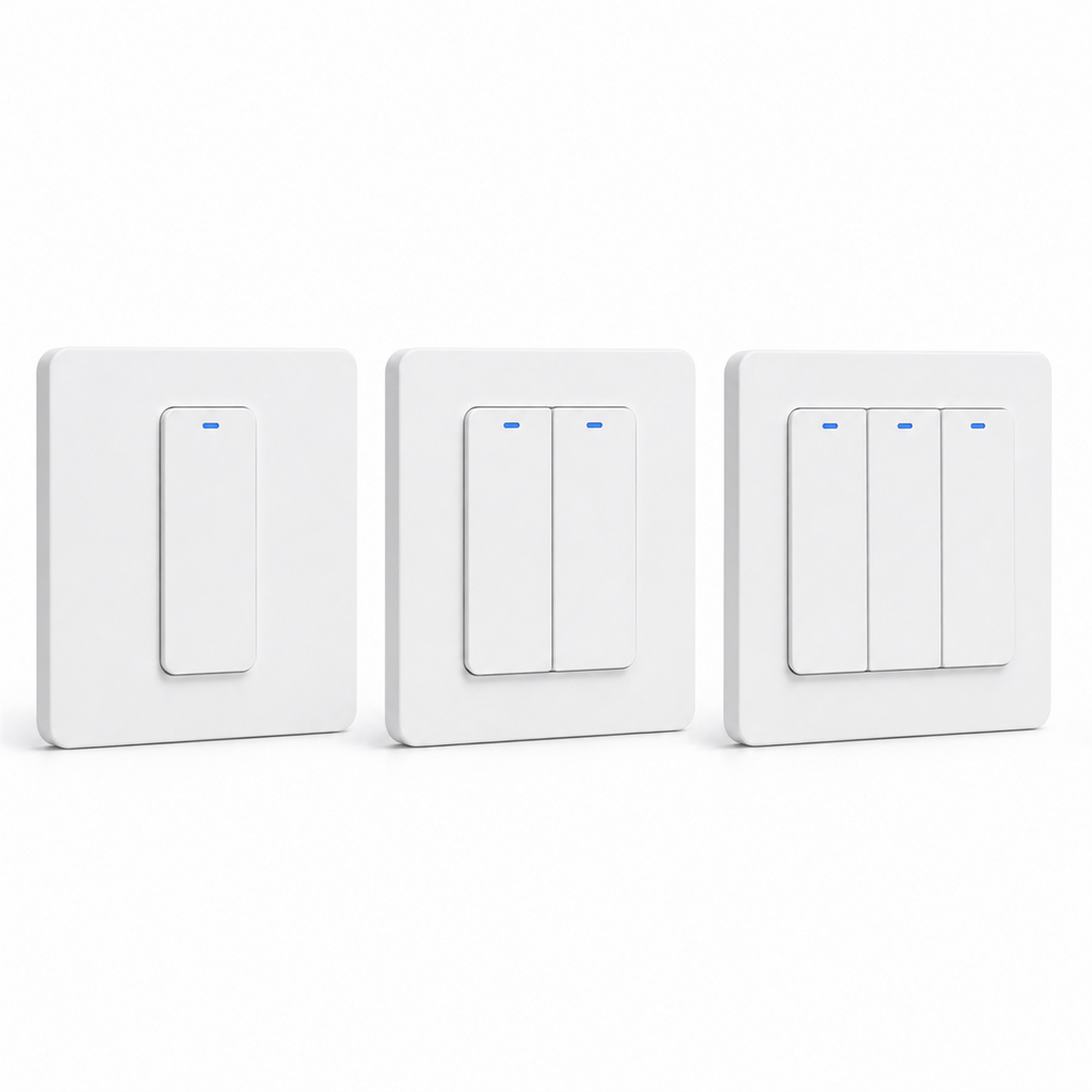 Gamme NéoRelay Switch Comfort avec interrupteurs ZigBee blancs un, deux et trois canaux sur fond blanc.