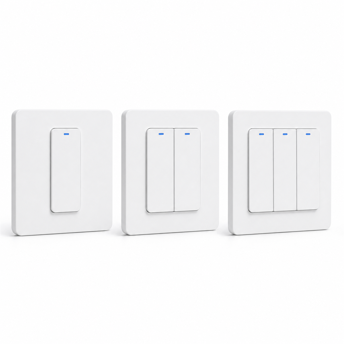 Gamme NéoRelay Switch Comfort avec interrupteurs ZigBee blancs un, deux et trois canaux sur fond blanc.