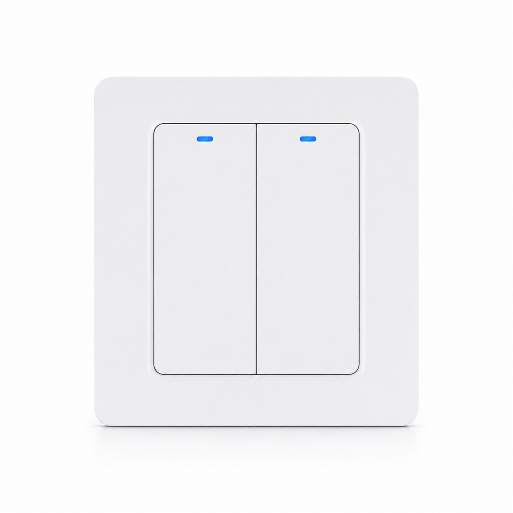 Interrupteur ZigBee hybride NéoRelay Switch Comfort blanc deux canaux sur fond blanc.