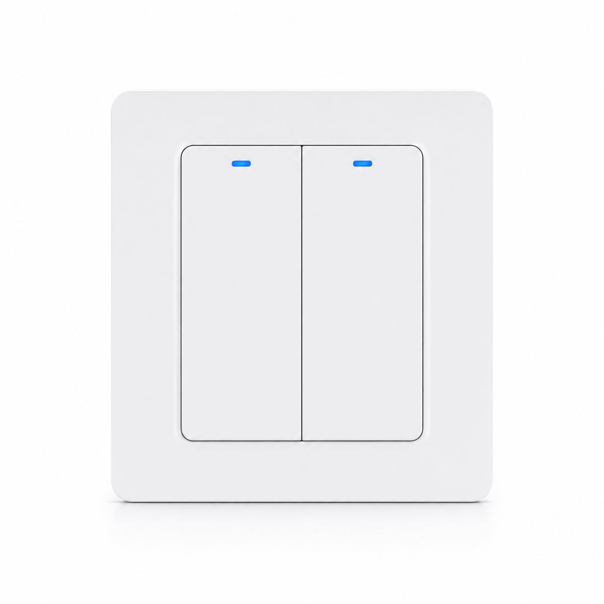 Interrupteur ZigBee hybride NéoRelay Switch Comfort blanc deux canaux sur fond blanc.