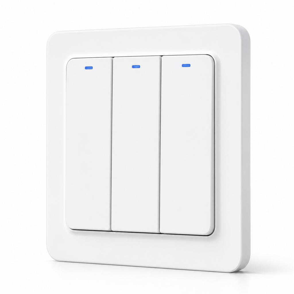 Interrupteur ZigBee hybride NéoRelay Switch Comfort blanc trois canaux sur fond blanc.