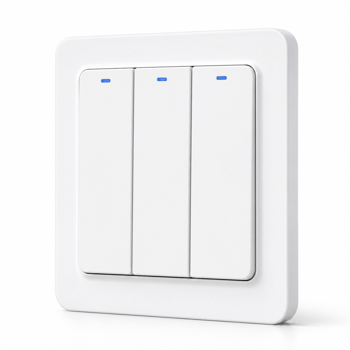 Interrupteur ZigBee hybride NéoRelay Switch Comfort blanc trois canaux sur fond blanc.
