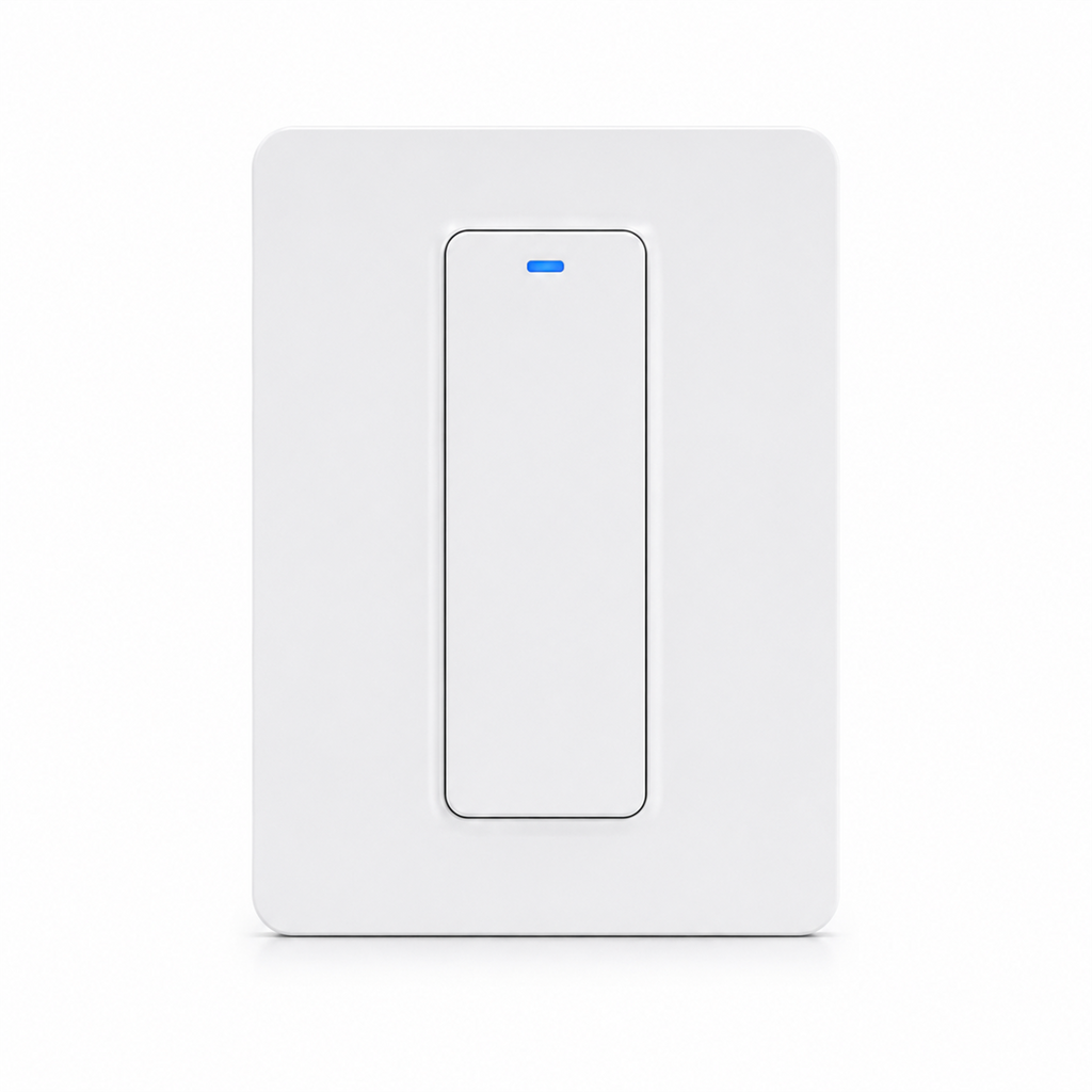 Interrupteur ZigBee hybride NéoRelay Switch Comfort blanc un canal sur fond blanc.
