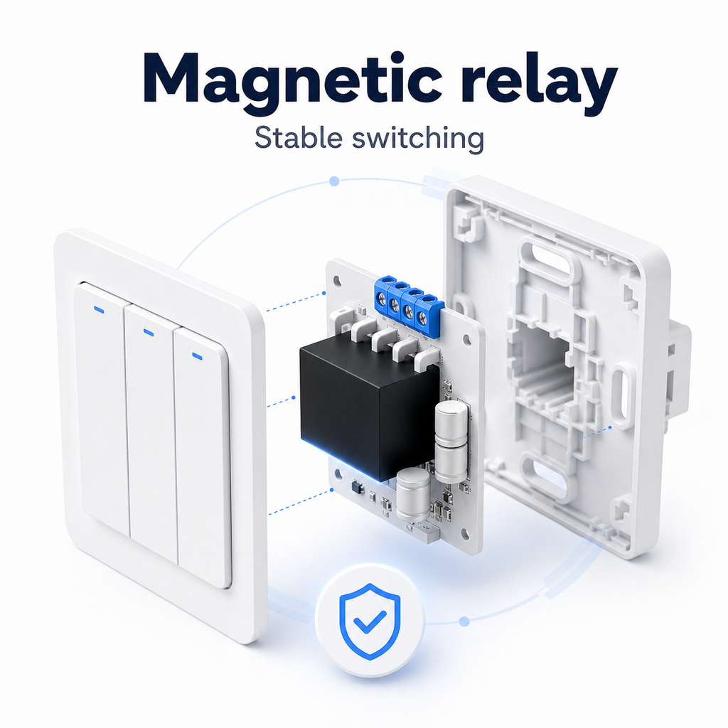 Exploded view of smart switch magnetic relay and internal module