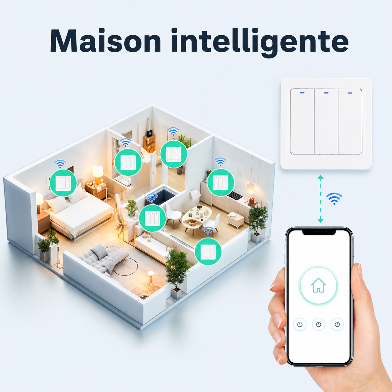 NéoRelay Switch Comfort, maison intelligente avec contrôle des interrupteurs depuis l'application mobile.