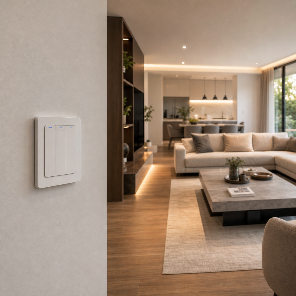 NéoRelay Switch Comfort installed on a modern living room wall