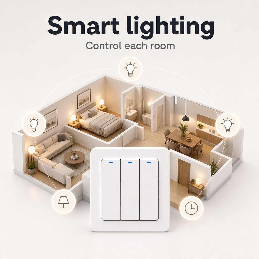 Smart lighting room control graphic with three-button wall switch