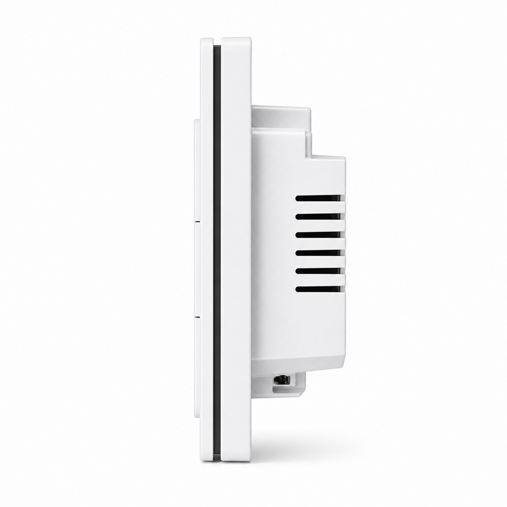 Vue latérale de l’interrupteur ZigBee hybride NéoRelay Switch Comfort avec module arrière sur fond blanc.