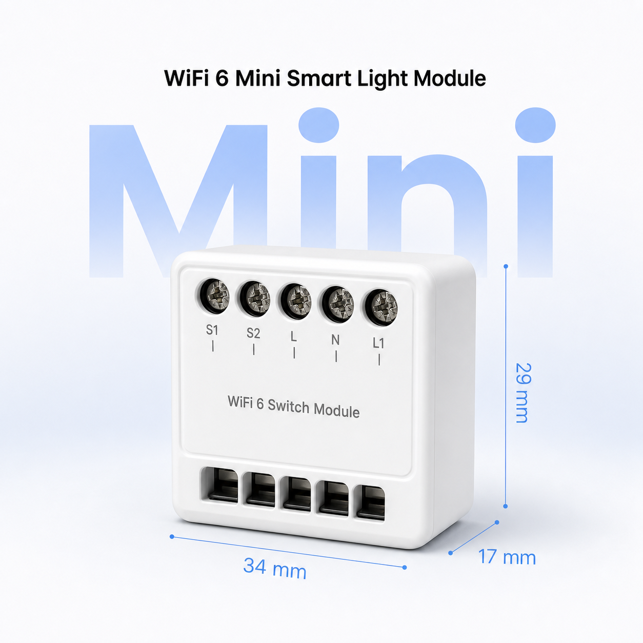 Mini WiFi 6 smart light module with 34 x 29 x 17 mm dimensions