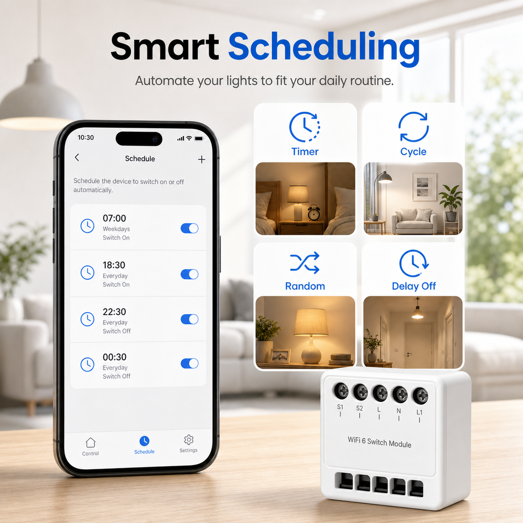 Smart scheduling app controls for WiFi 6 light switch module