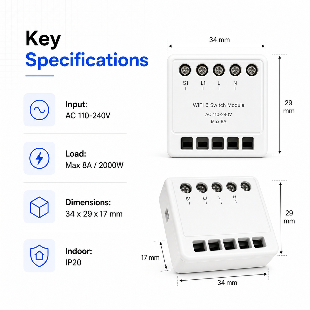 Key specifications for WiFi 6 mini switch module with dimensions and IP20 rating