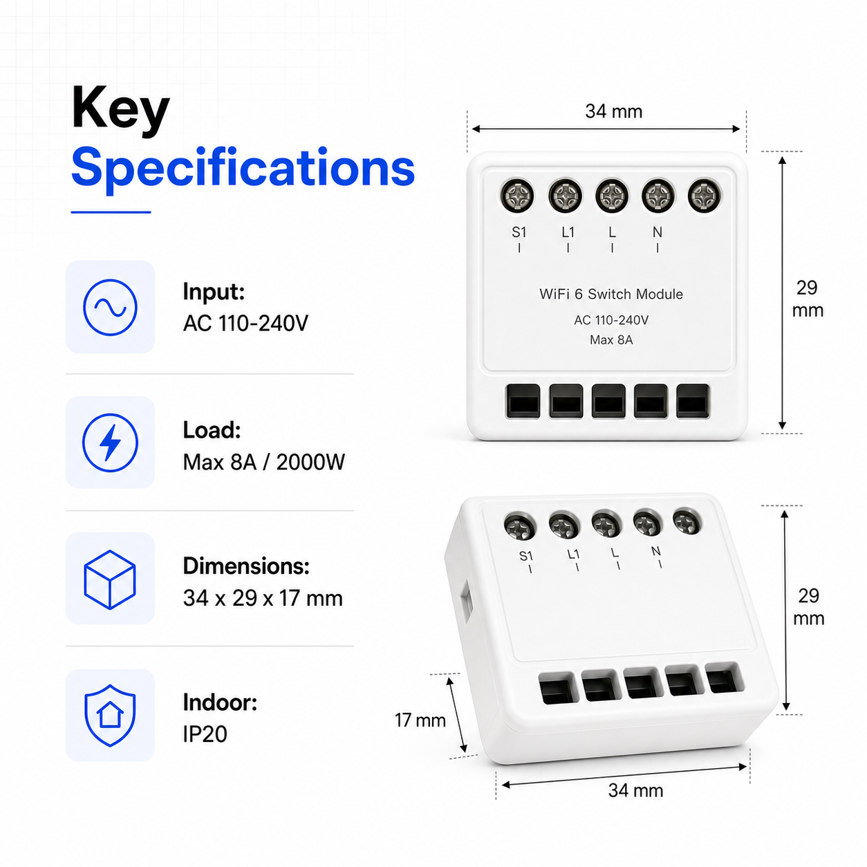 Key specifications for WiFi 6 mini switch module with dimensions and IP20 rating