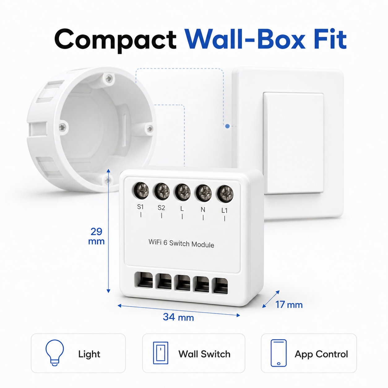Compact wall-box fit image for WiFi 6 mini smart light module