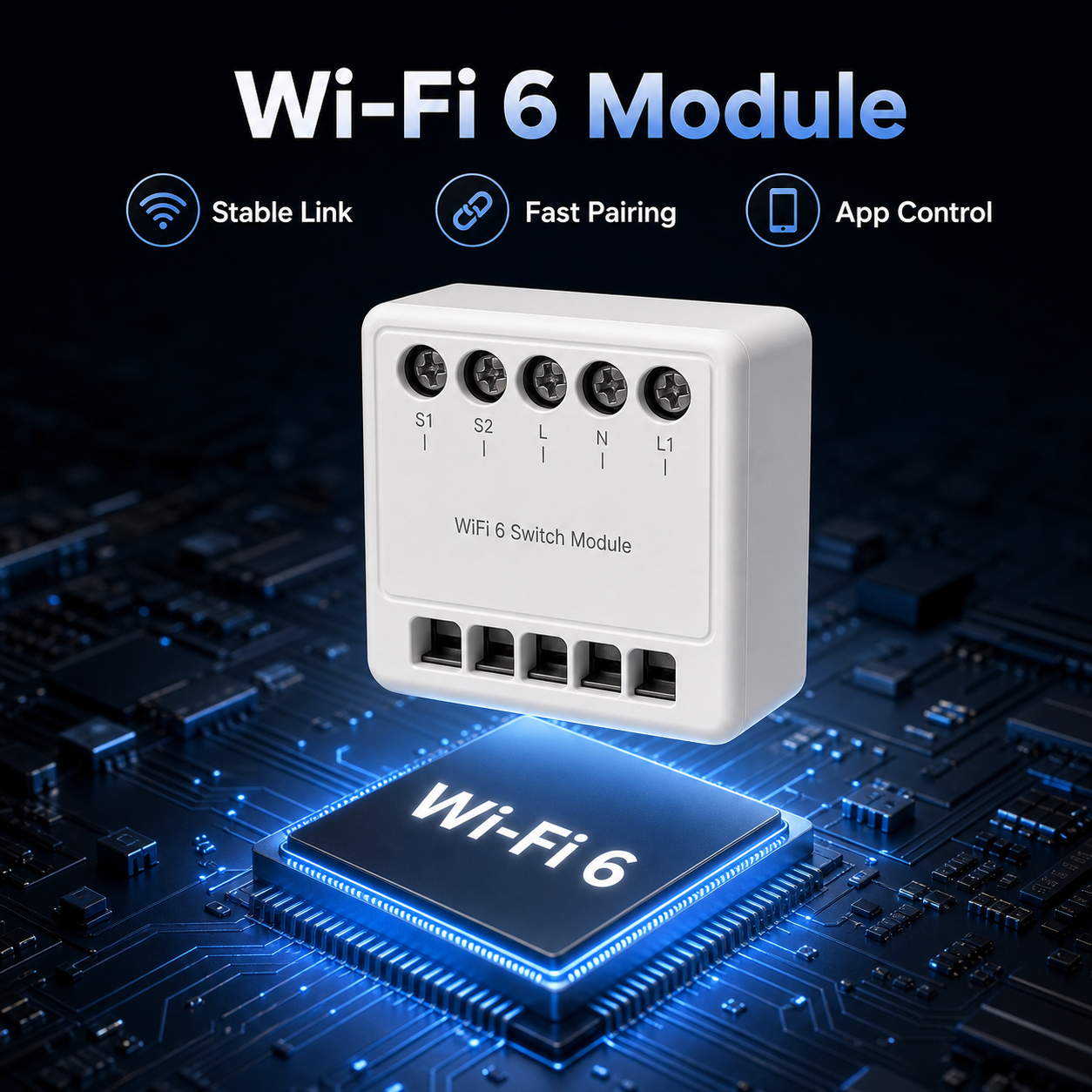 Wi-Fi 6 module technology visual for smart light switch relay