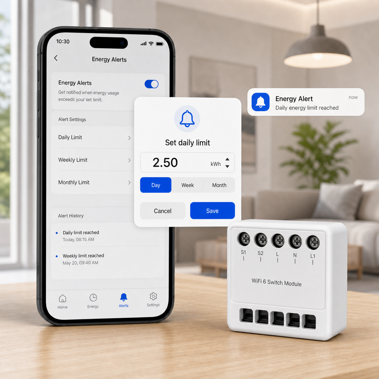 Energy alert settings for WiFi 6 mini switch module