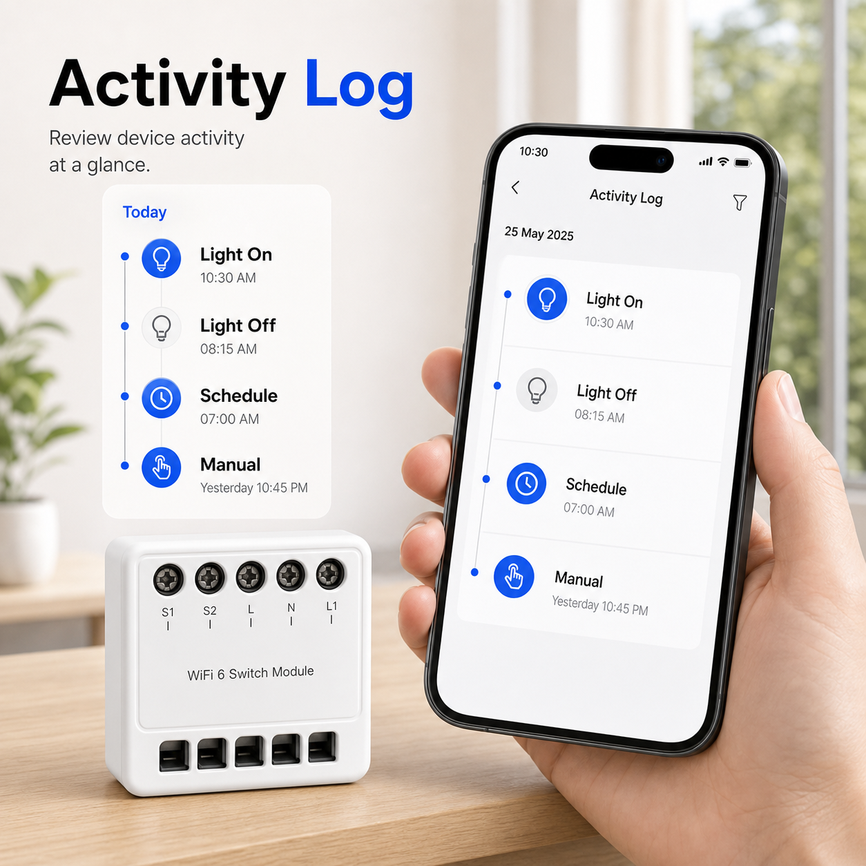 Activity log app screen for WiFi 6 smart light switch module