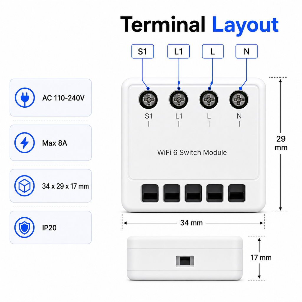 Terminal layout and size guide for WiFi 6 mini switch module