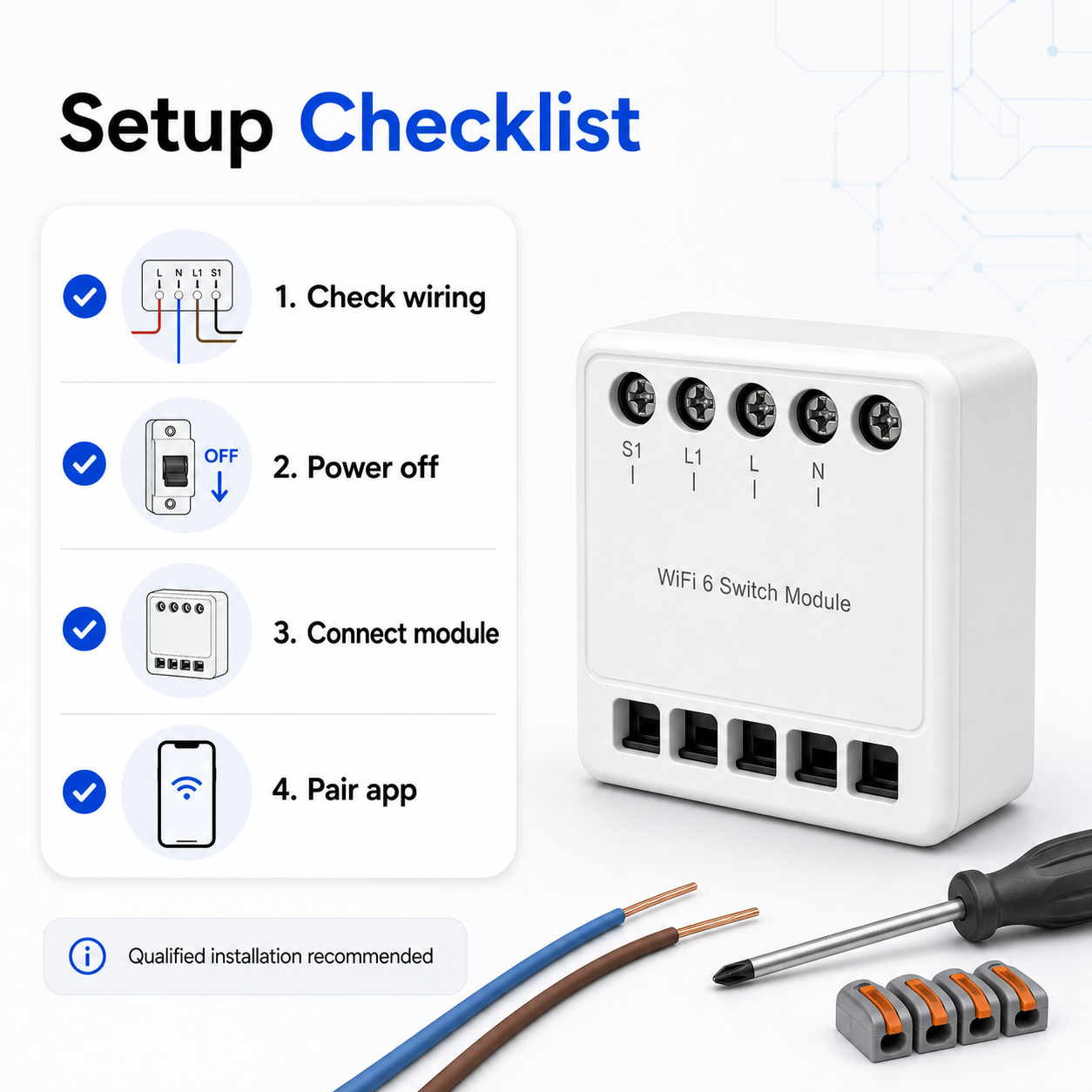 Setup checklist for WiFi 6 mini smart light switch module
