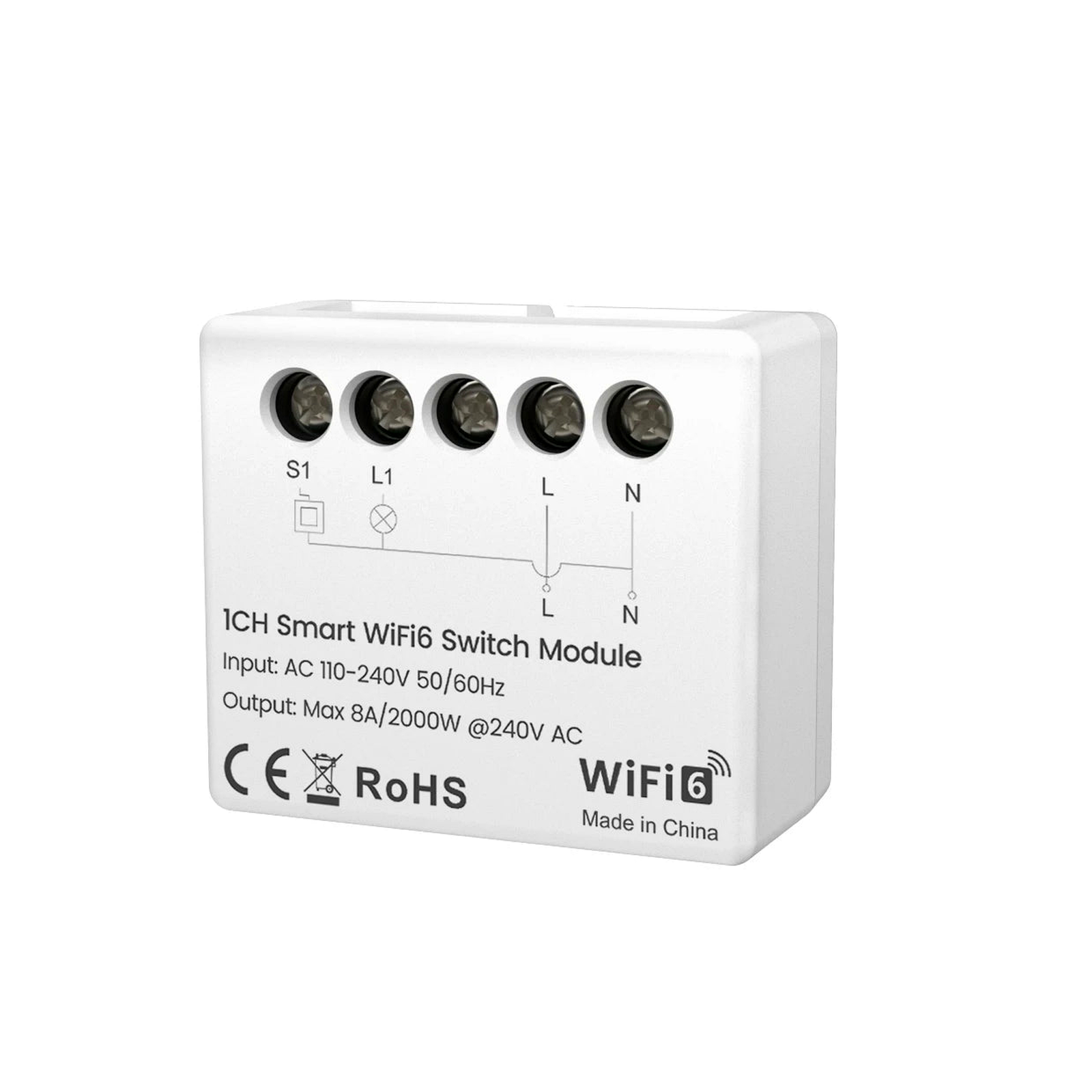 Mini module éclairage Wi-Fi NéoRelay avec marquage technique sur fond blanc