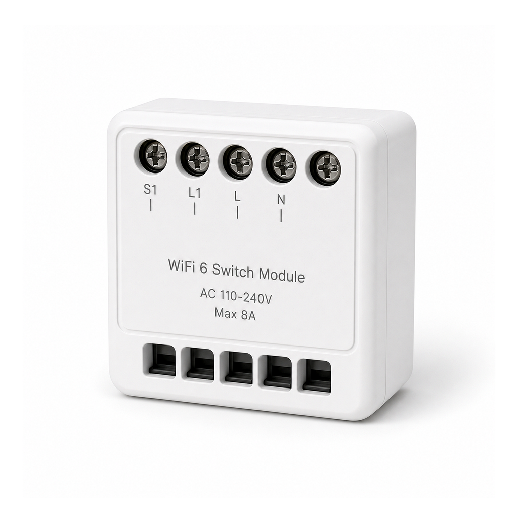 Mini module éclairage Wi-Fi NéoRelay vu en perspective sur fond blanc