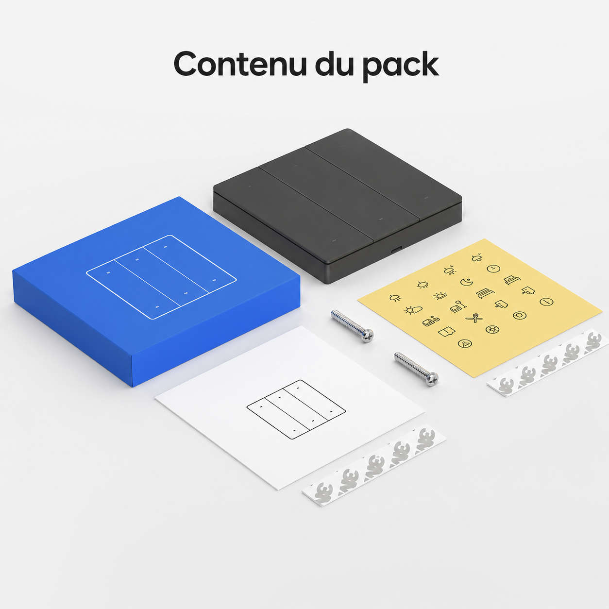 NeoRemote R5 Pro, contenu du pack avec support et visserie.