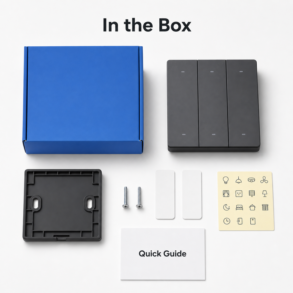 In the box layout for NéoRemote R5 Pro with controller, mount, screws and labels