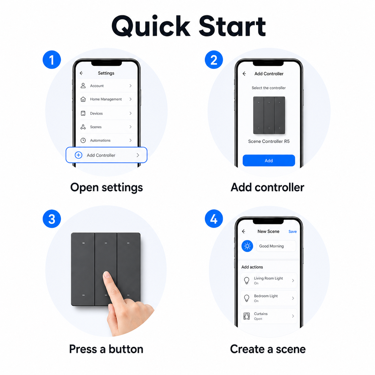 Quick start setup steps for NéoRemote R5 Pro using a generic smart home app
