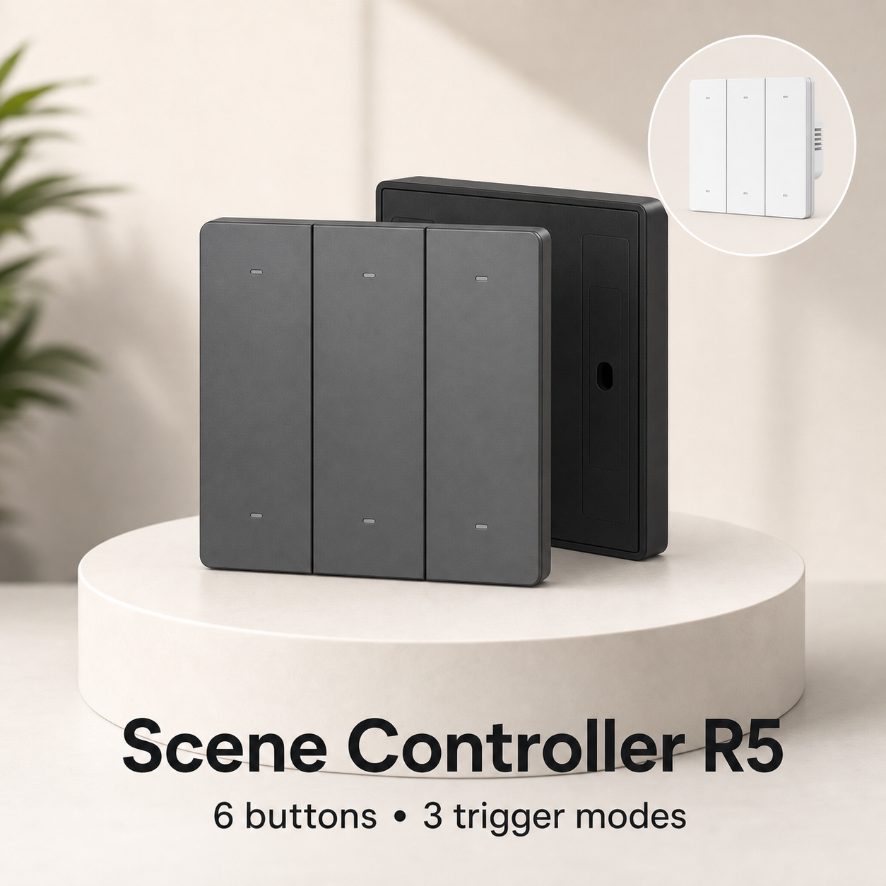 Premium studio hero image of NéoRemote R5 Pro scene controller in gray with white variant inset