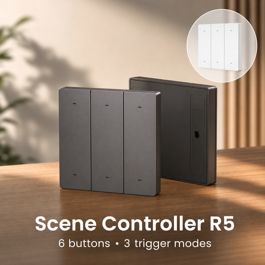 Tabletop product image of NéoRemote R5 Pro scene controller with gray and white variants