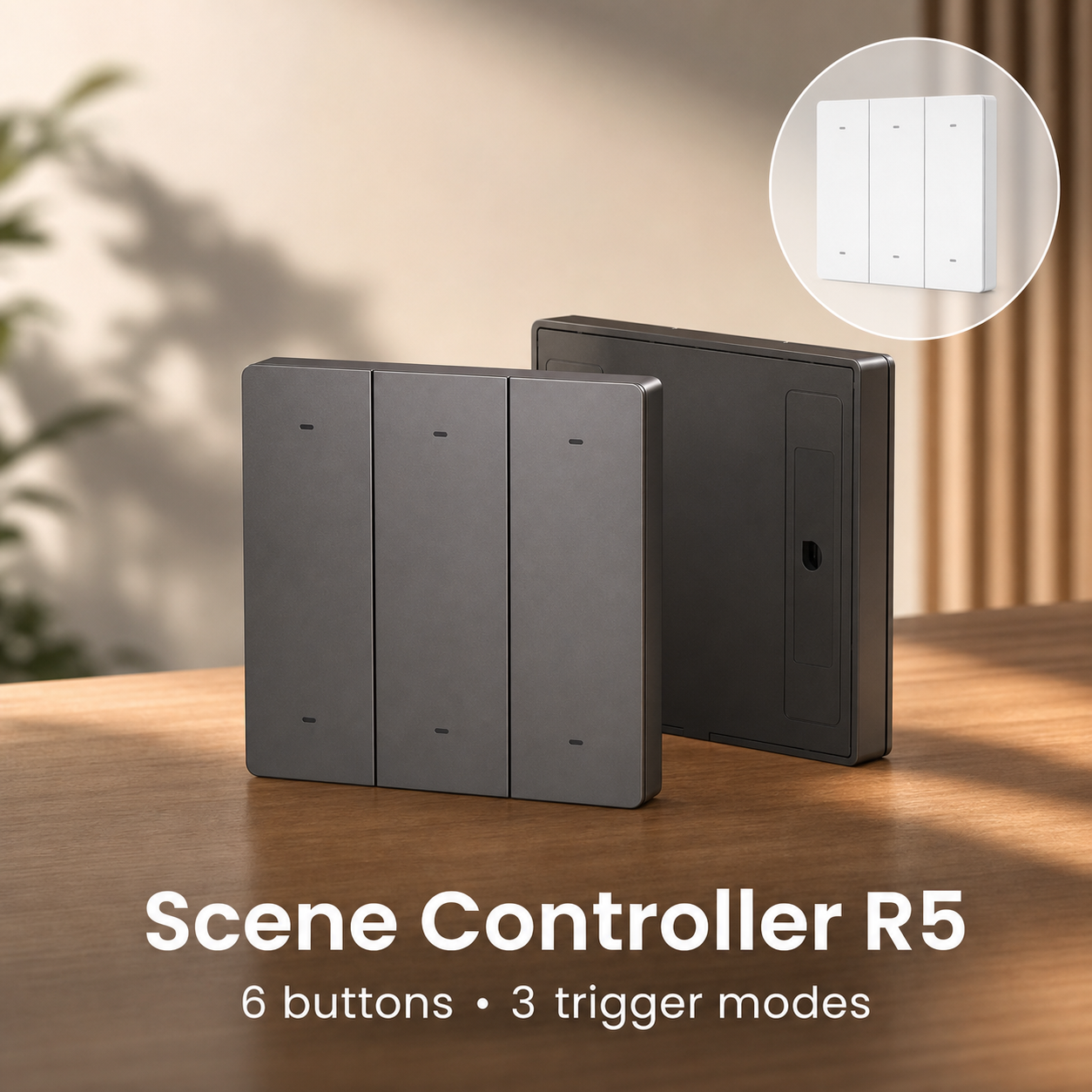 Tabletop product image of NéoRemote R5 Pro scene controller with gray and white variants