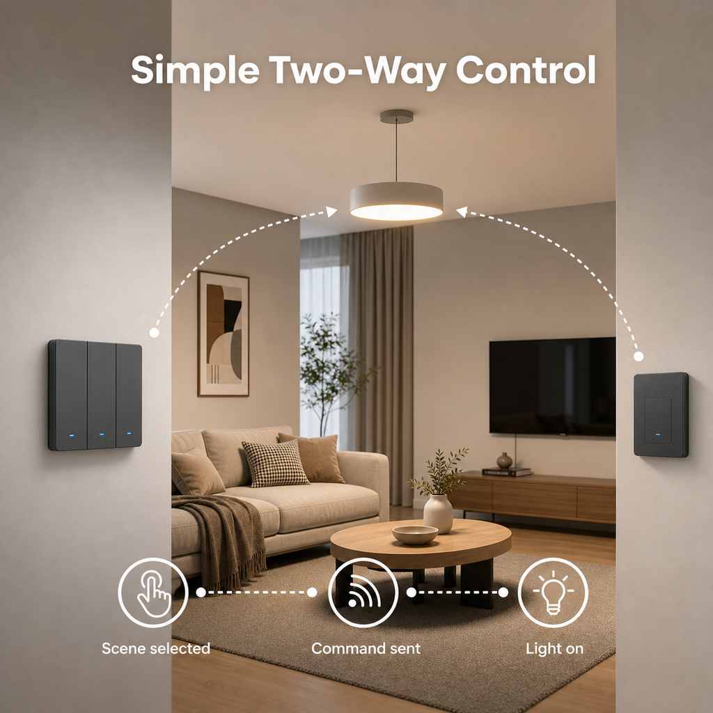 Modern living room scene showing simple two-way control with NéoRemote R5 Pro